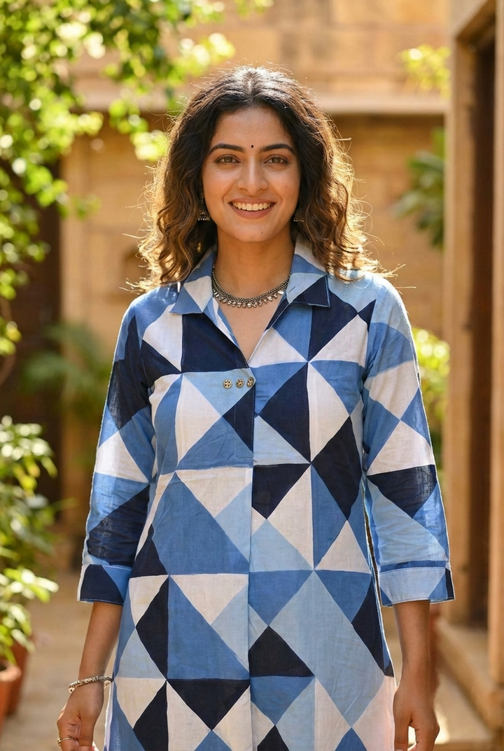 Blue Cotton Printed Two Piece Set