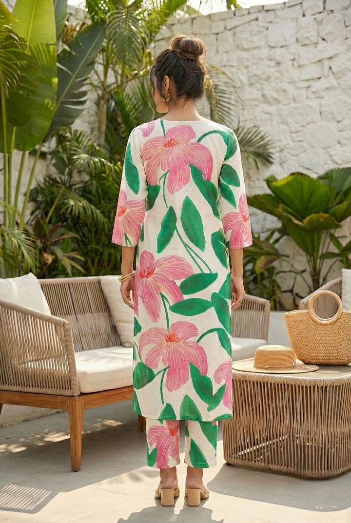 Green Cotton Floral Printed Two Piece Set