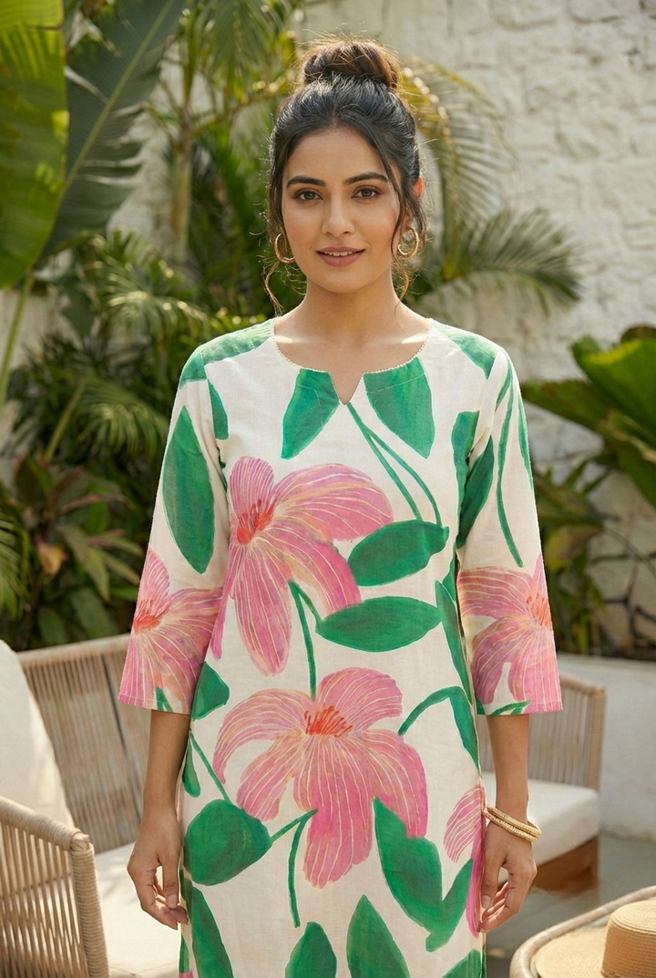 Green Cotton Floral Printed Two Piece Set