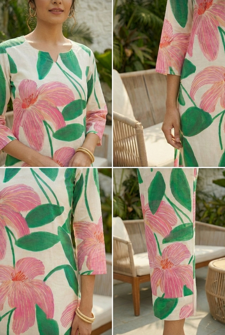 Green Cotton Floral Printed Two Piece Set