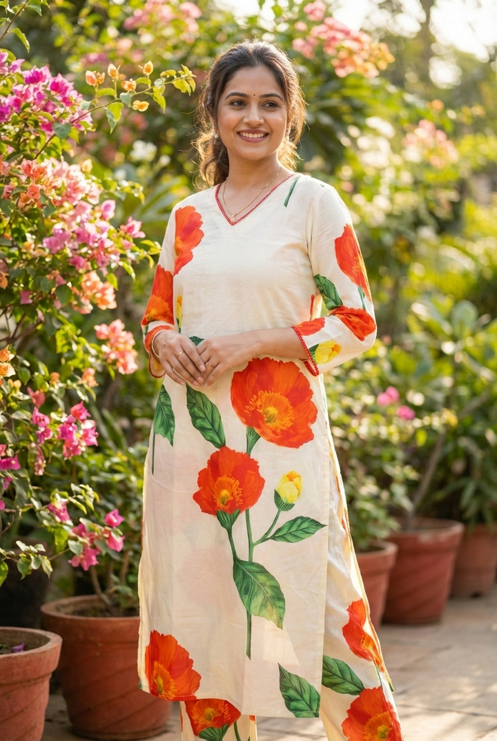 Cream Cotton Floral Printed Two Piece Set