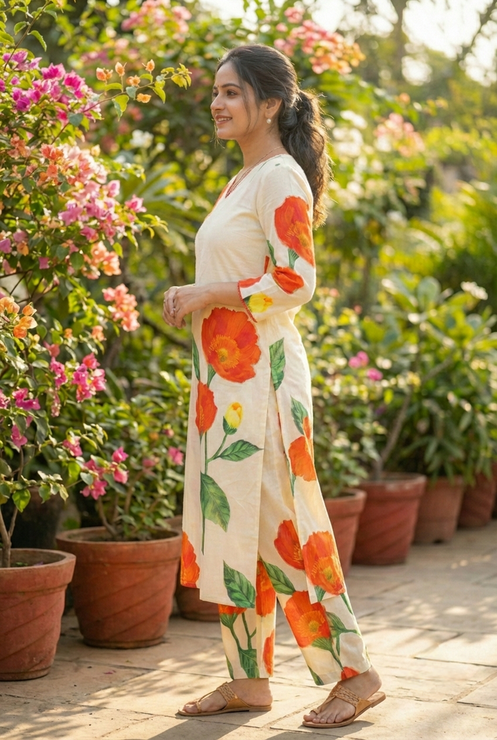 Cream Cotton Floral Printed Two Piece Set