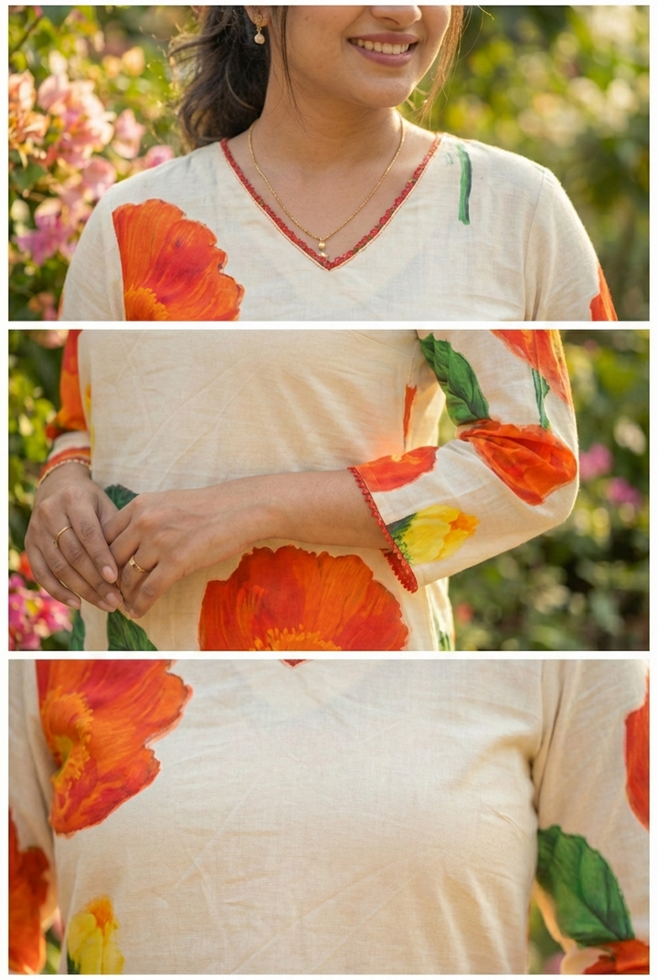 Cream Cotton Floral Printed Two Piece Set