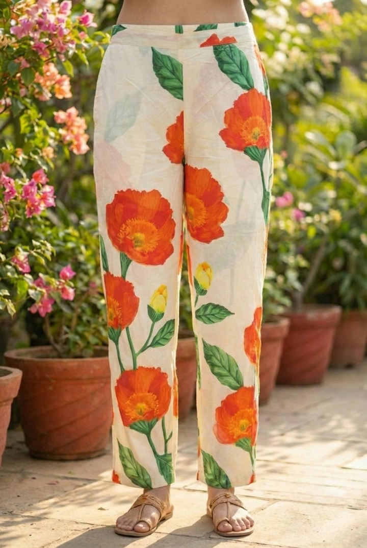 Cream Cotton Floral Printed Two Piece Set