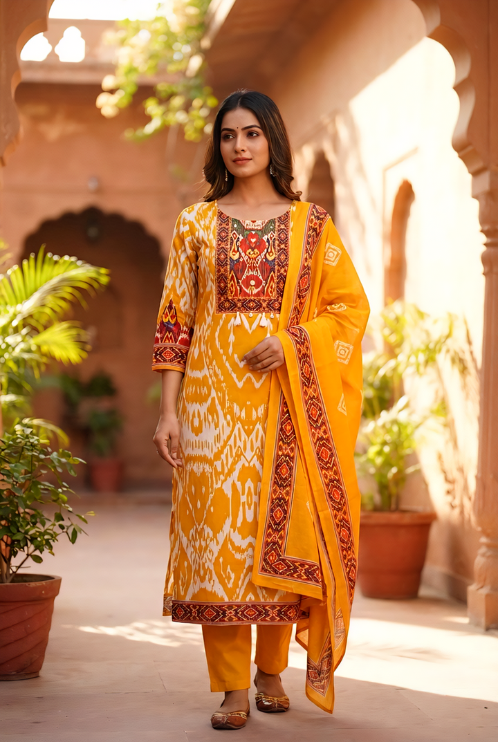 Mustard Cotton Printed Three Piece Set
