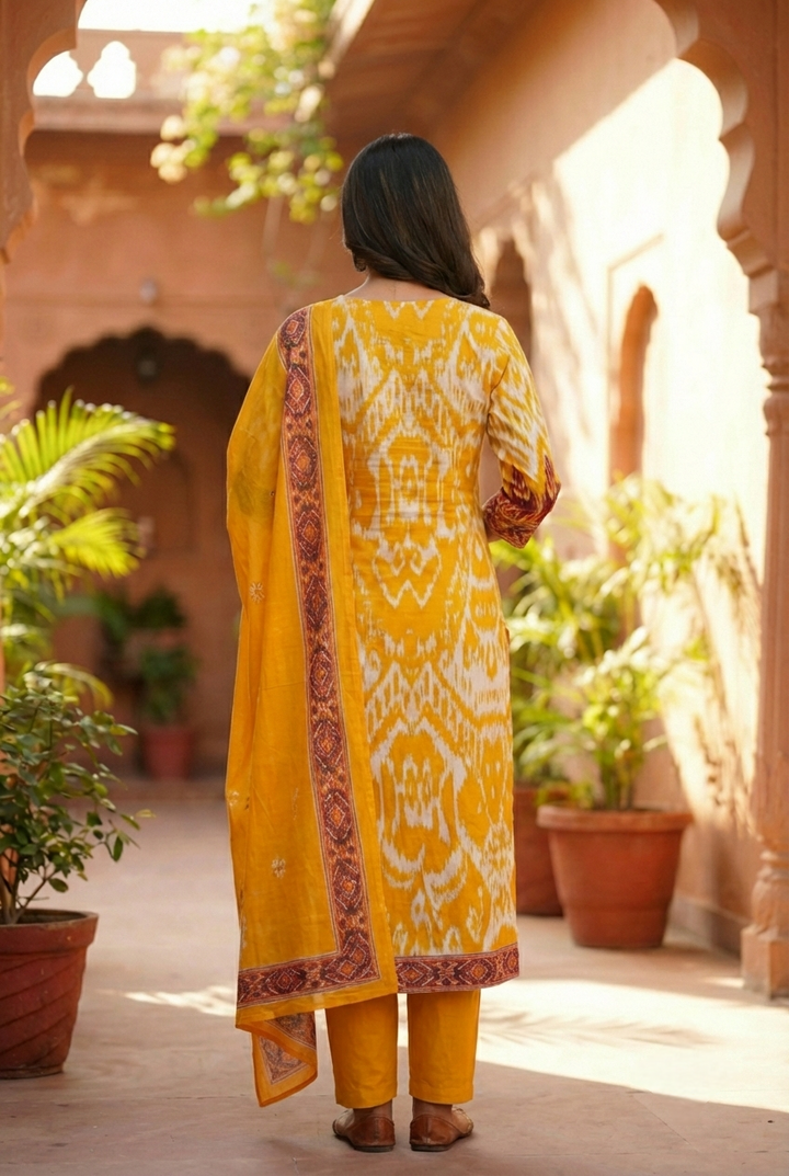 Mustard Cotton Printed Three Piece Set