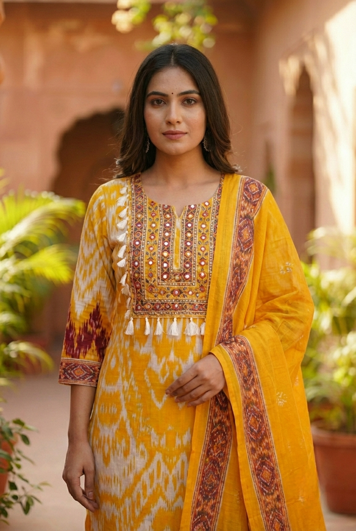 Mustard Cotton Printed Three Piece Set