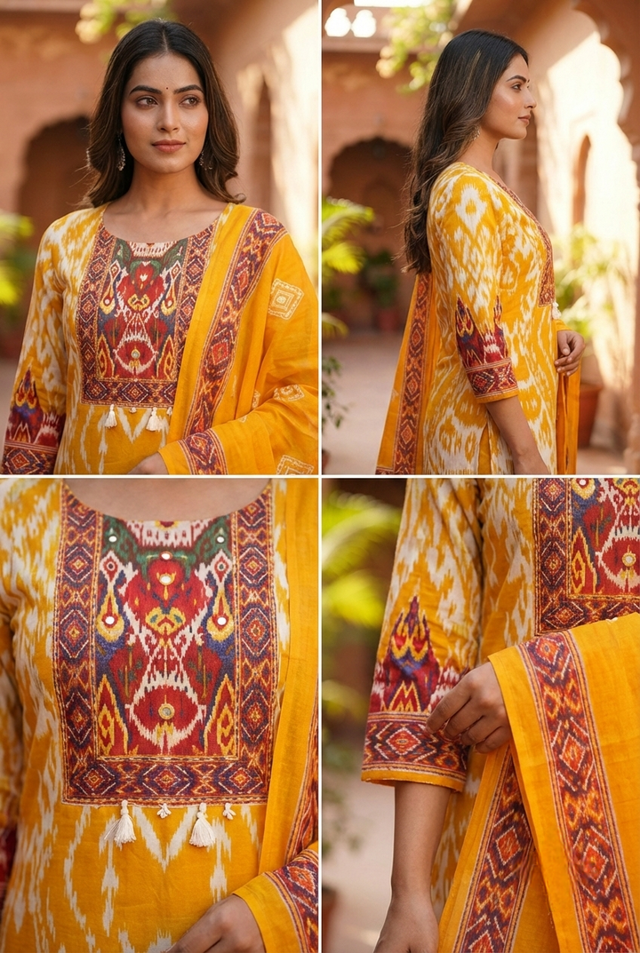 Mustard Cotton Printed Three Piece Set