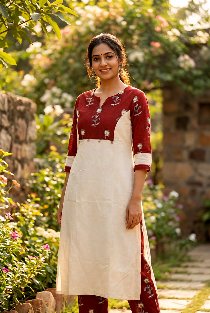Neerus Maroon cotton printed kurta set - back view