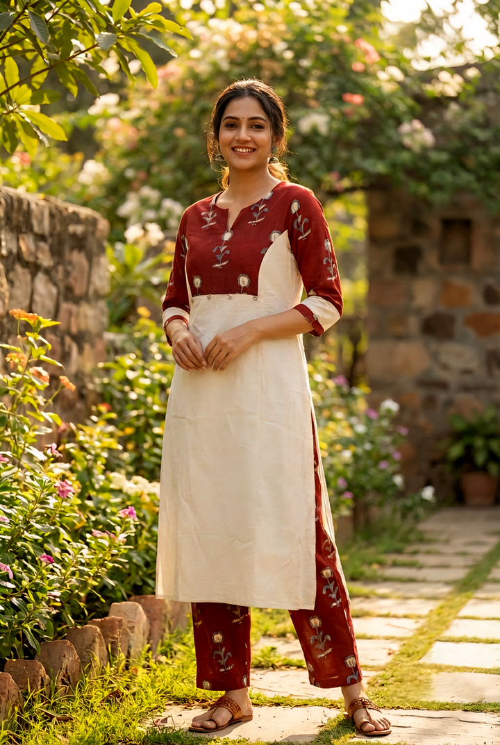 Neerus Maroon cotton printed kurta set - front view