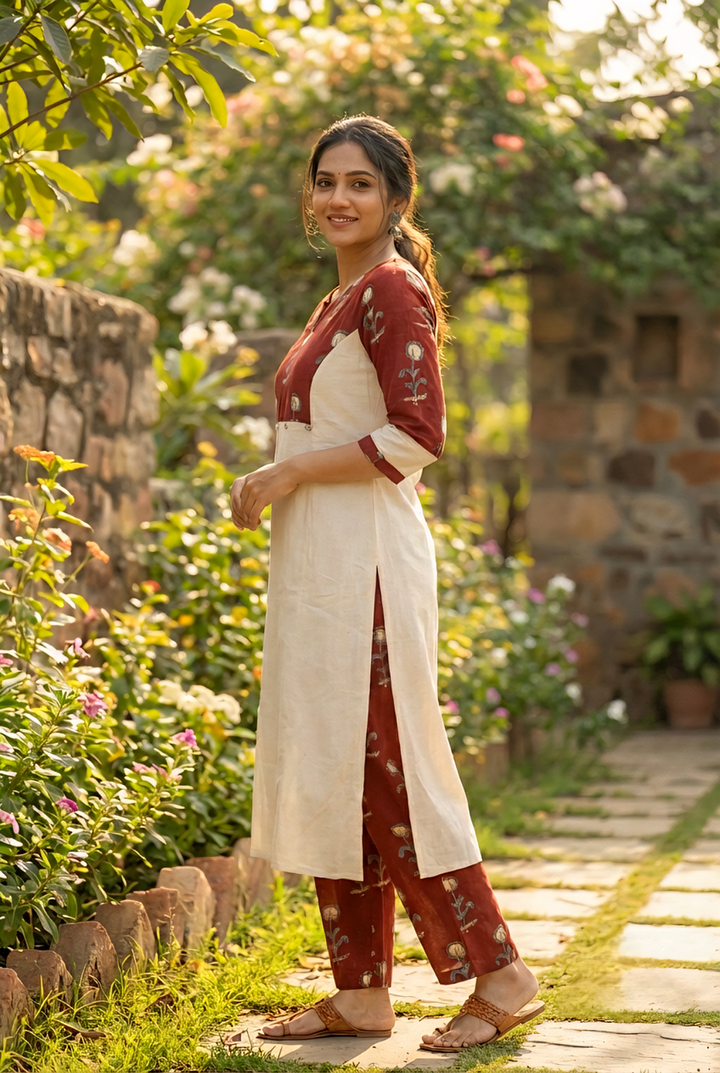 Neerus Maroon cotton printed kurta set - detail view 1
