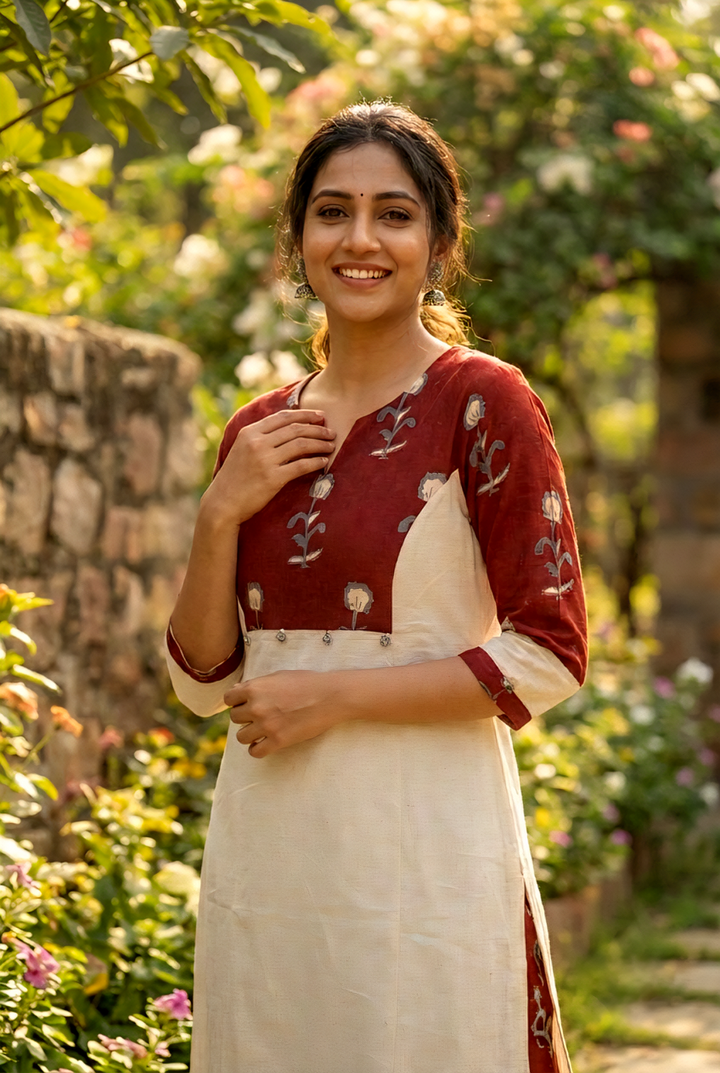Neerus Maroon cotton printed kurta set - detail view 2