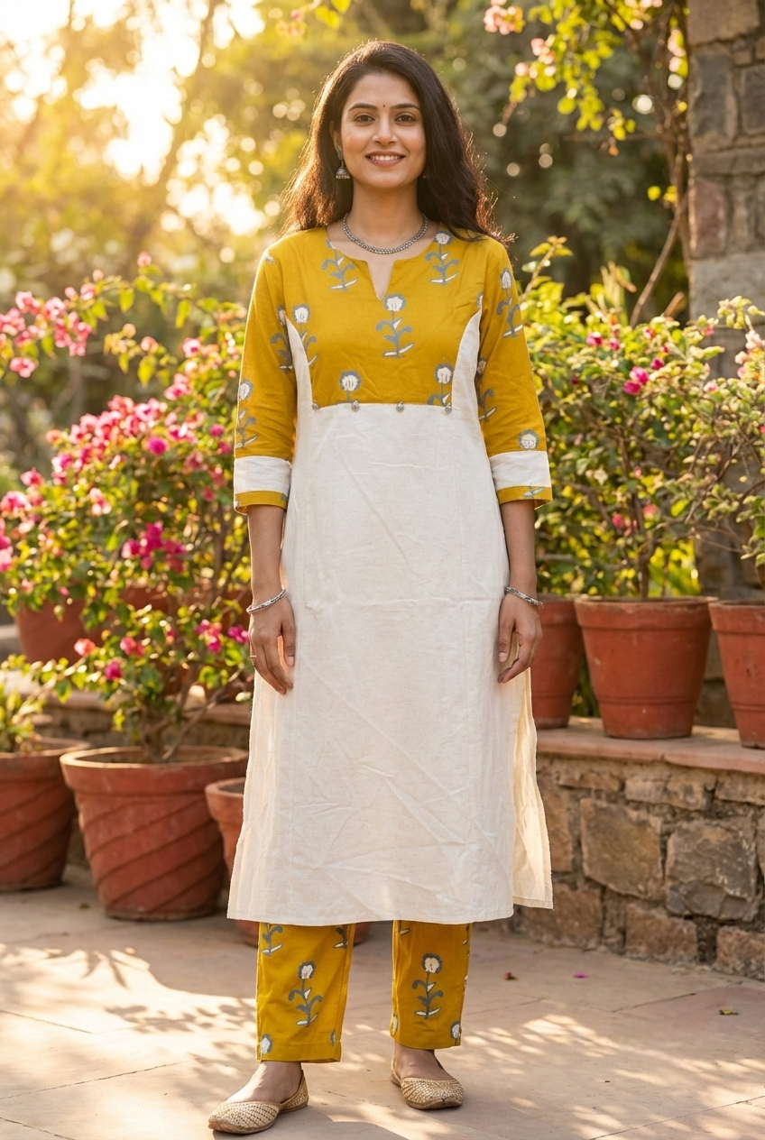 Neerus Green cotton printed kurta set - front view