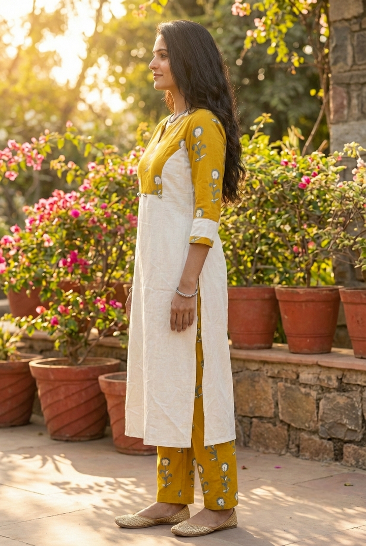 Neerus Green cotton printed kurta set - back view