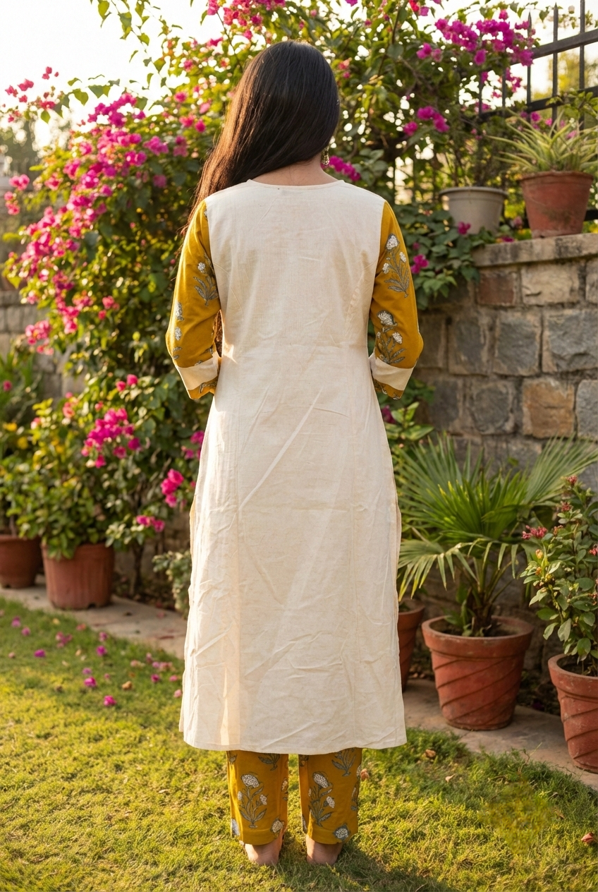 Neerus Green cotton printed kurta set - side view