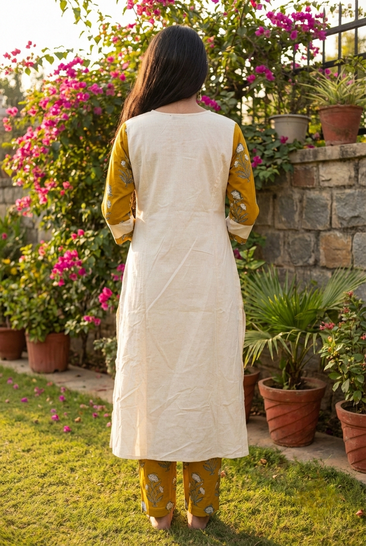 Neerus Green cotton printed kurta set - side view
