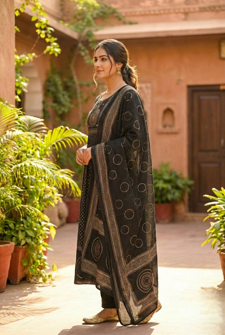 Neerus Black cotton printed suit set - back view