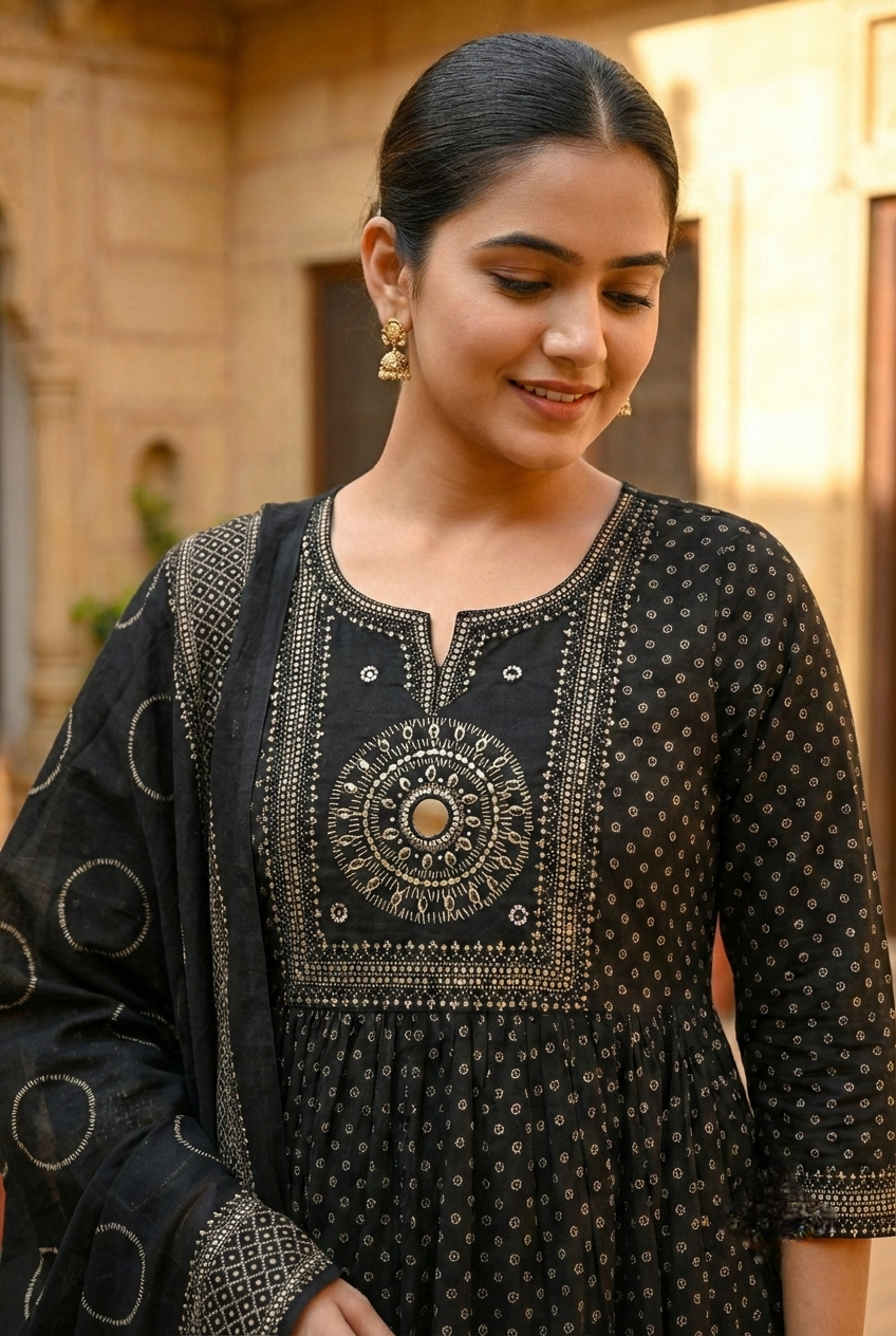 Neerus Black cotton printed suit set - front view