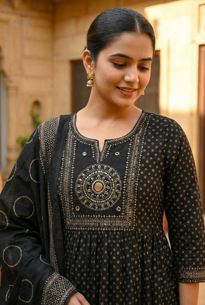 Neerus Black cotton printed suit set - front view