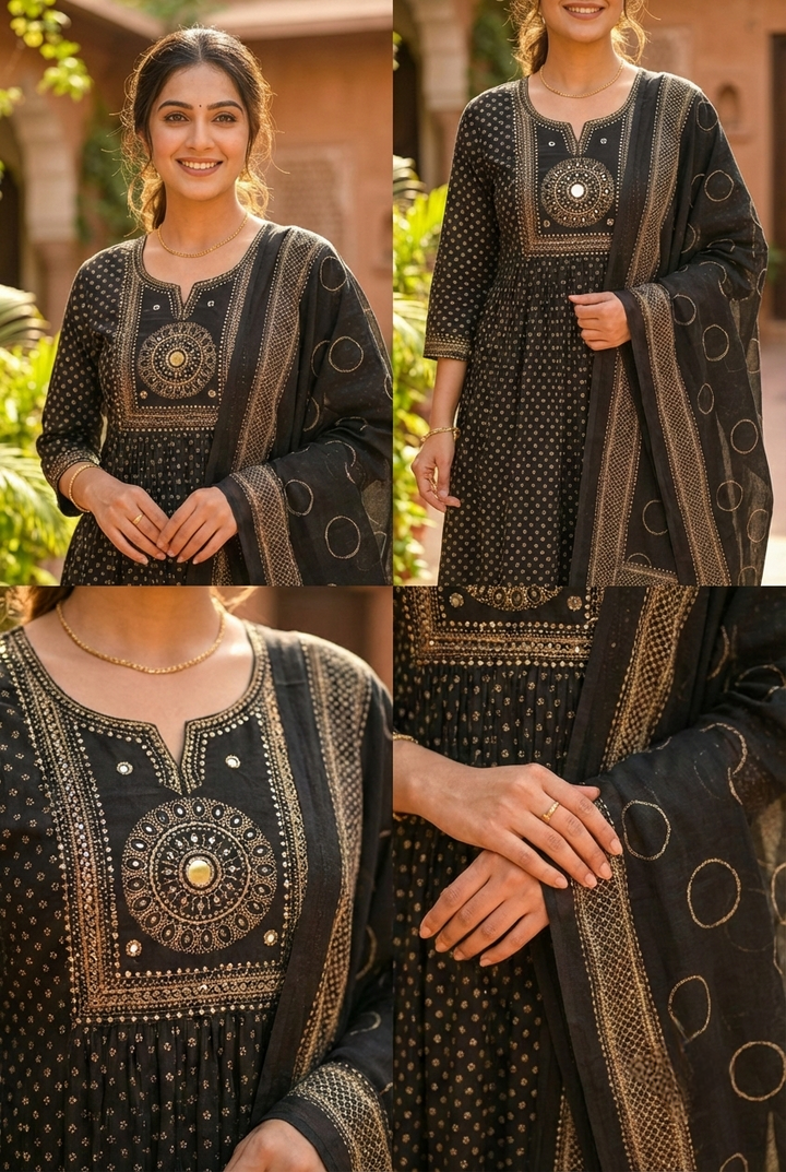 Neerus Black cotton printed suit set - detail view 1