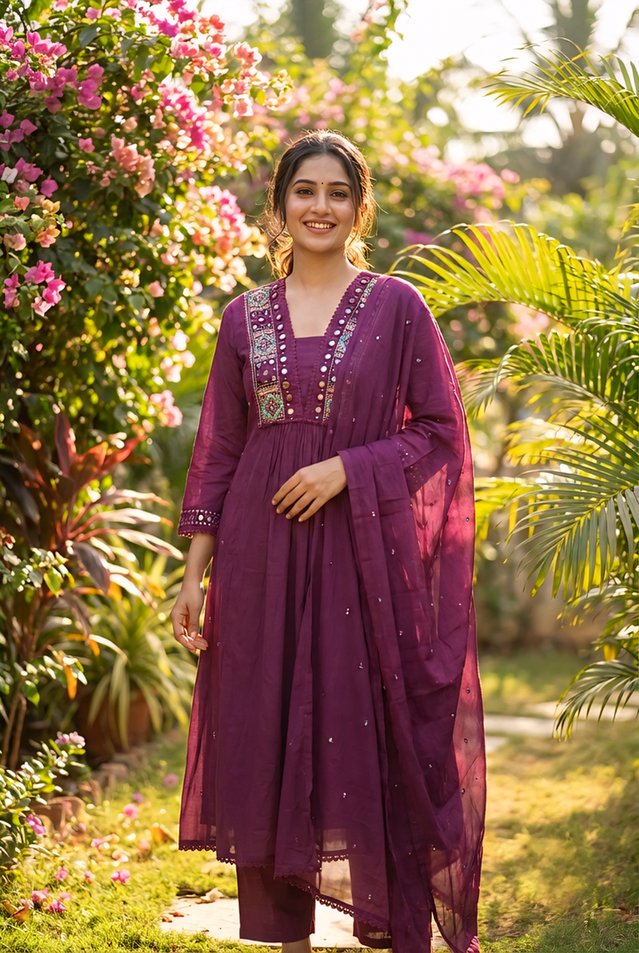Neerus Maroon cotton hand embroidered suit set - front view