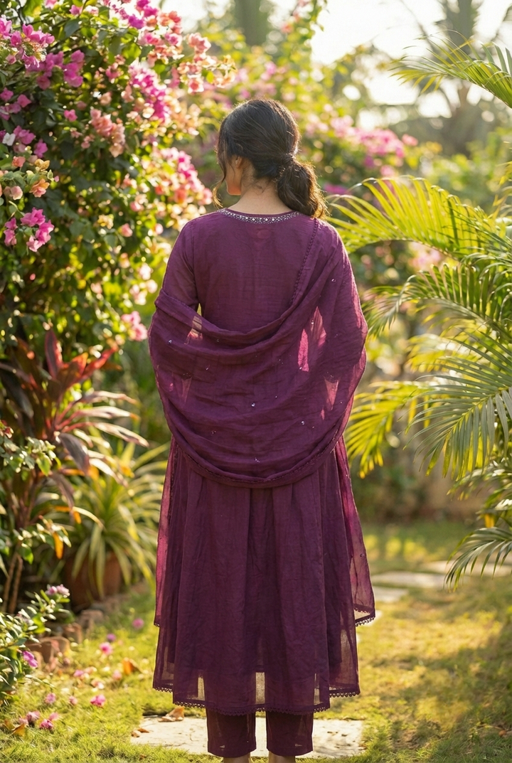 Neerus Maroon cotton hand embroidered suit set - back view