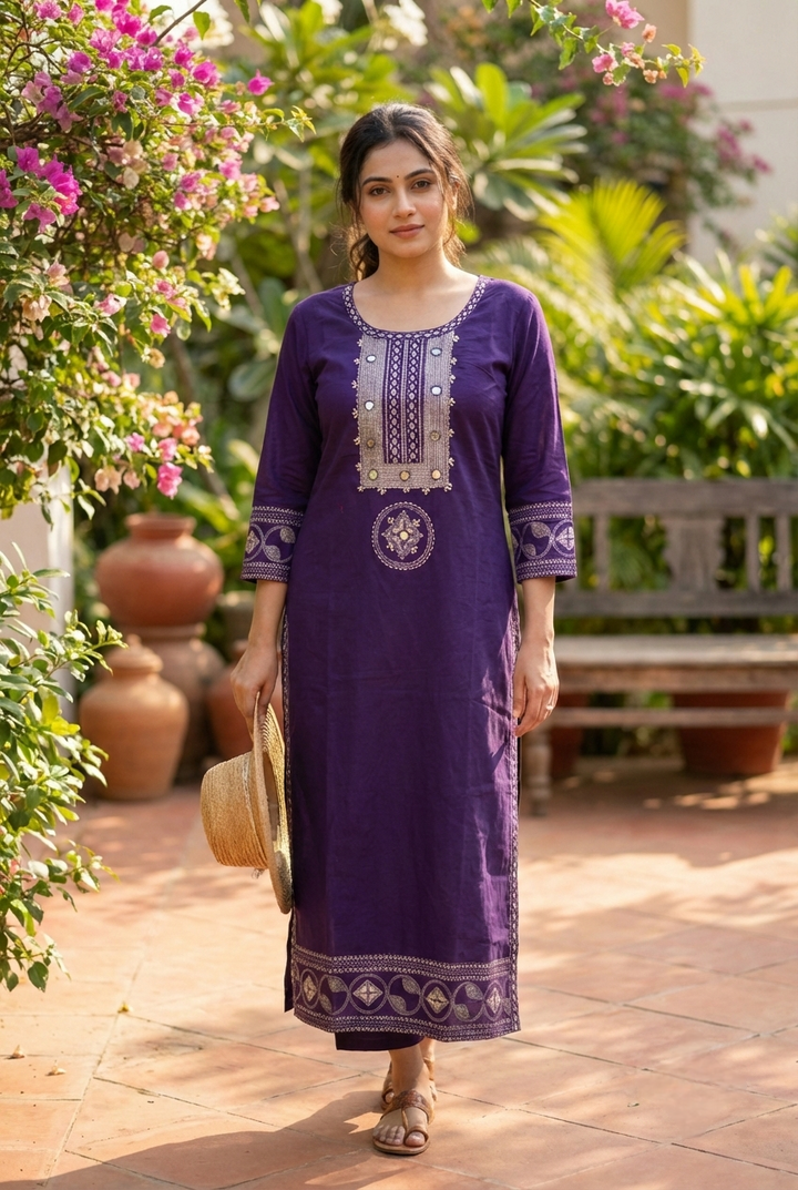Purple Cotton Hand Embroidery Kurta