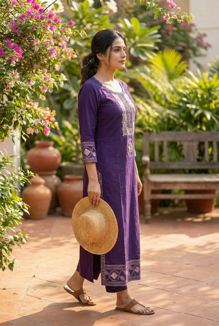 Purple Cotton Hand Embroidery Kurta