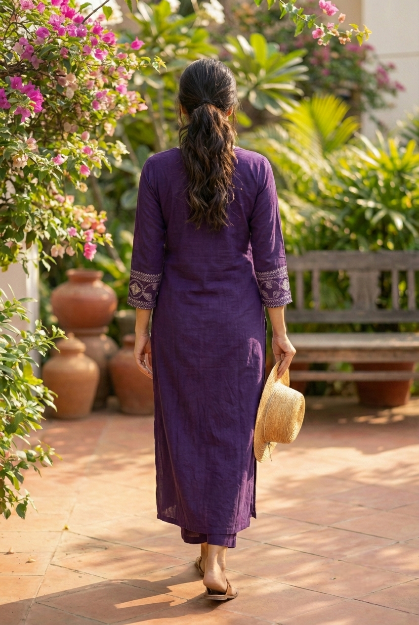 Purple Cotton Hand Embroidery Kurta