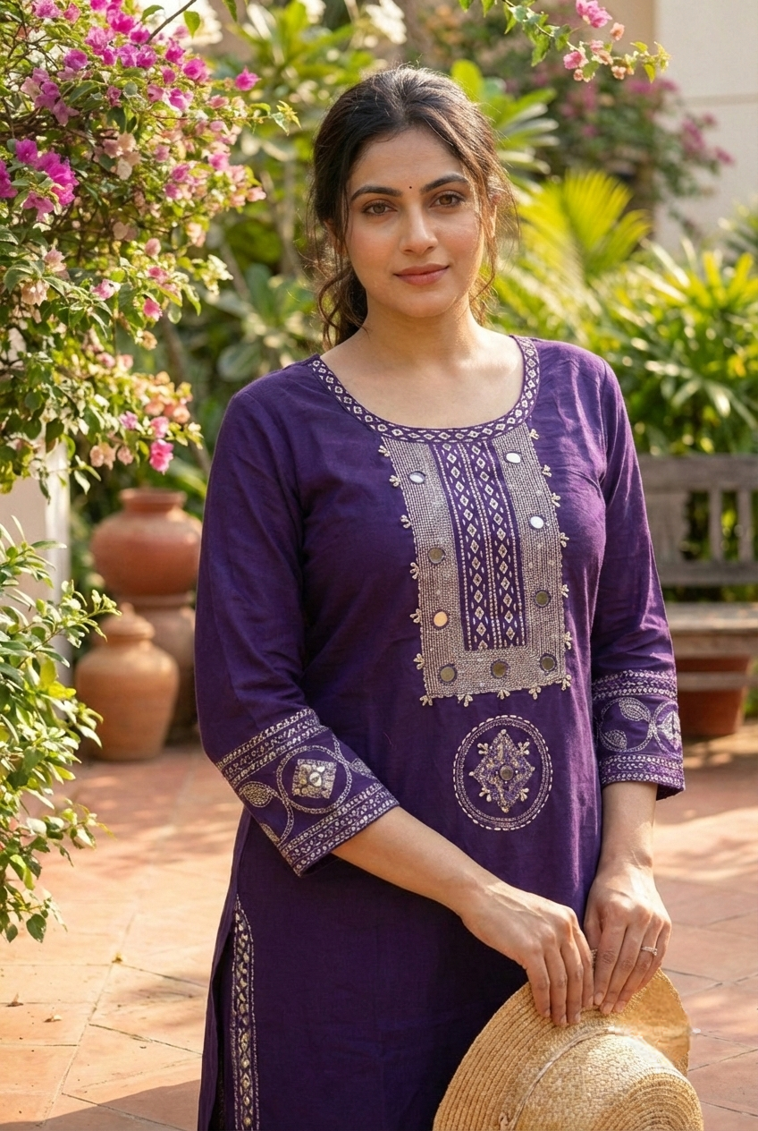 Purple Cotton Hand Embroidery Kurta