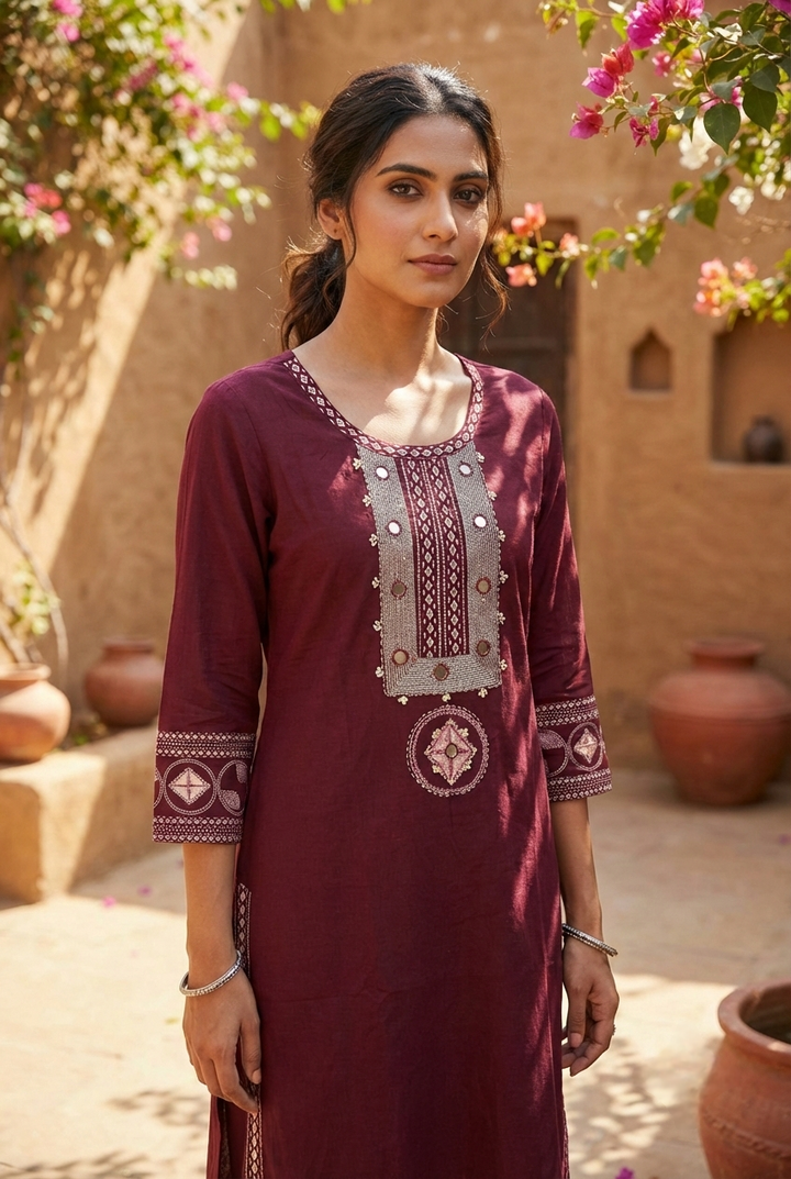 Maroon Cotton Hand Embroidery Kurta