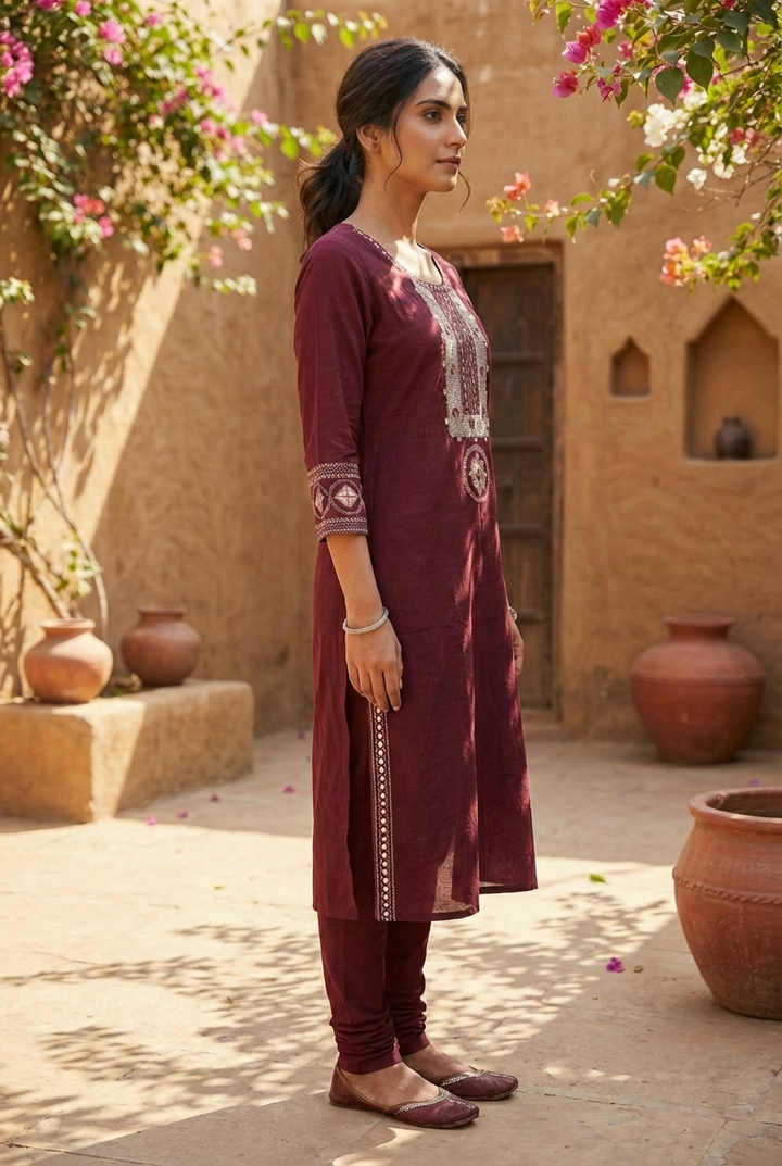 Maroon Cotton Hand Embroidery Kurta