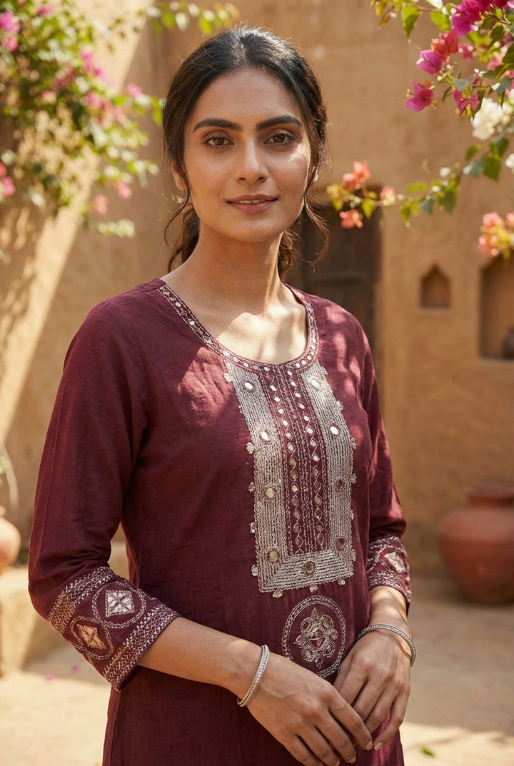 Maroon Cotton Hand Embroidery Kurta