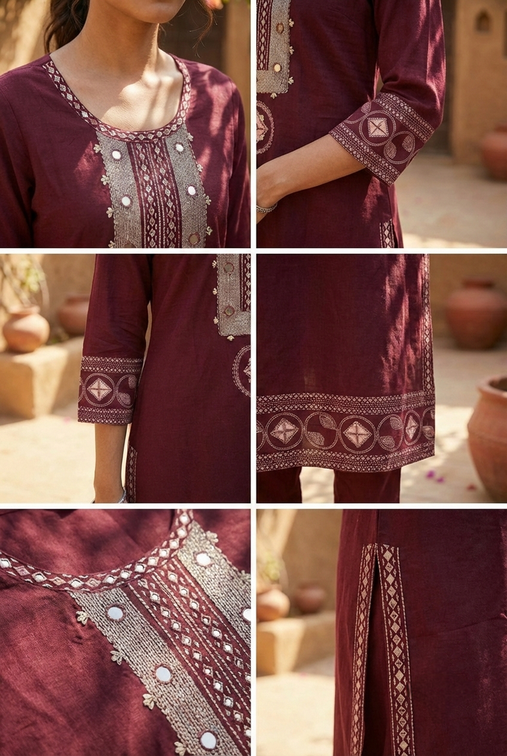 Maroon Cotton Hand Embroidery Kurta
