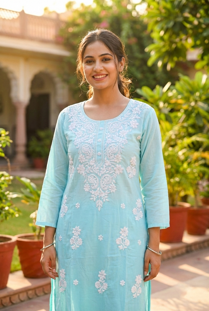 Sky Blue Rayon Floral Hand Embroidery Kurta
