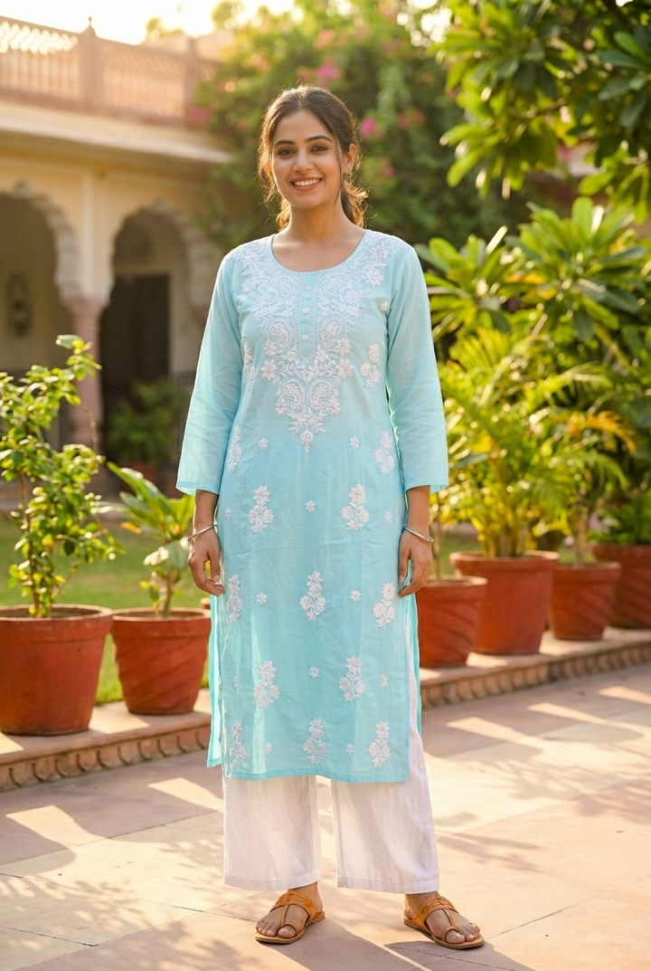 Sky Blue Rayon Floral Hand Embroidery Kurta