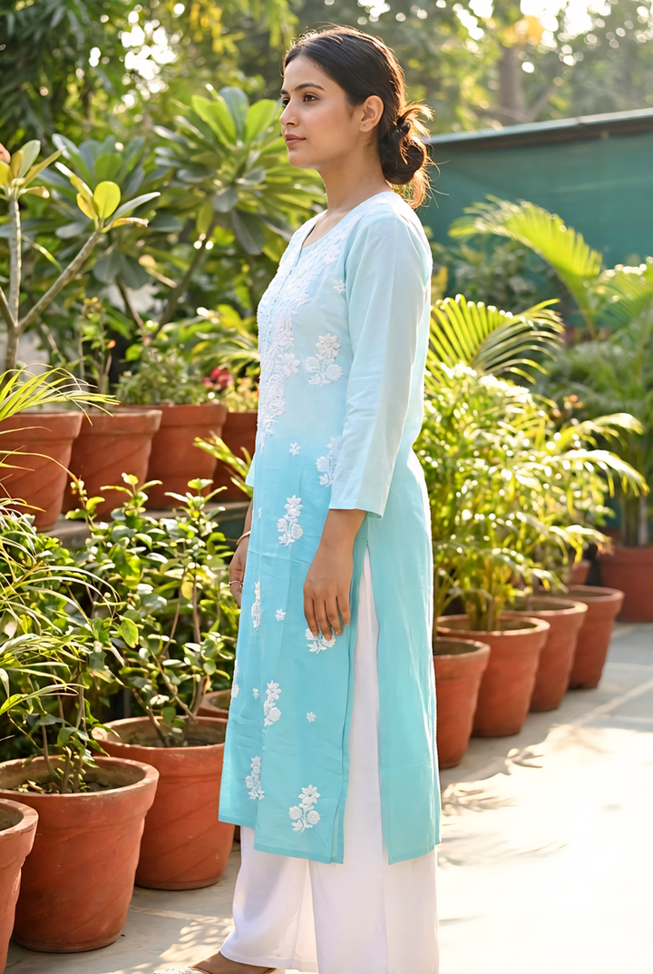 Sky Blue Rayon Floral Hand Embroidery Kurta