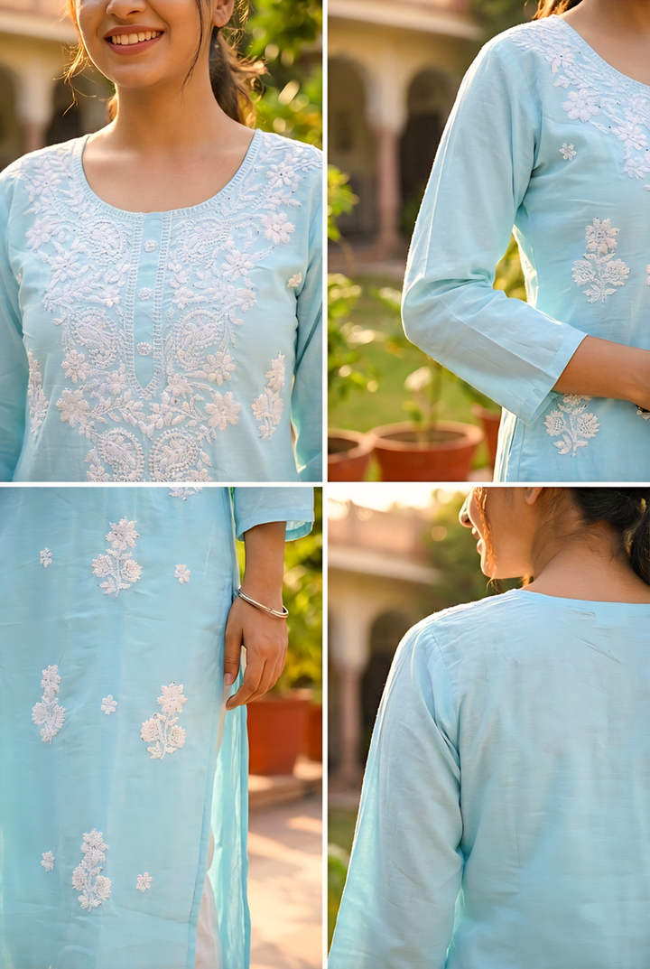 Sky Blue Rayon Floral Hand Embroidery Kurta
