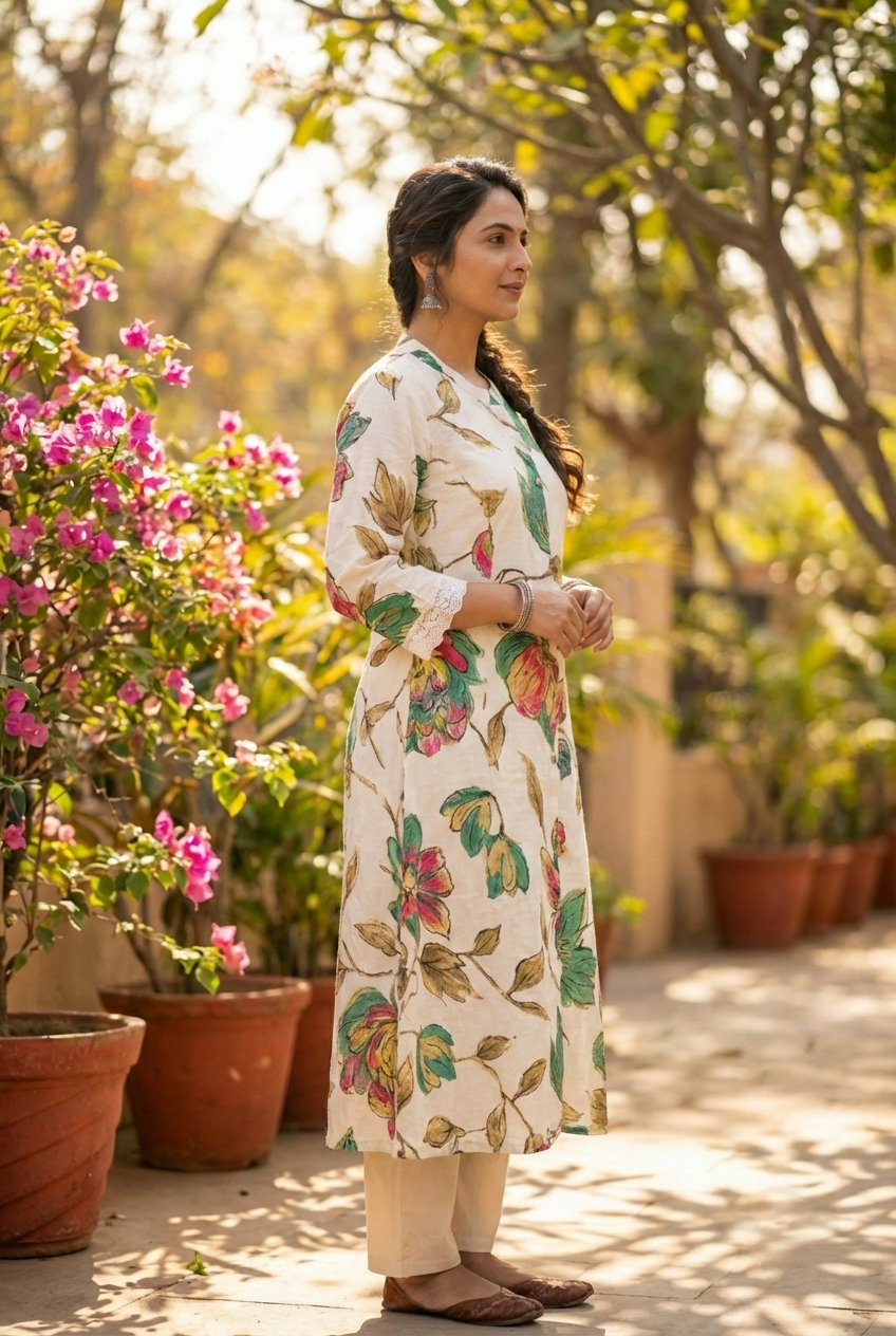 Neerus Green rayon printed kurta set - back view