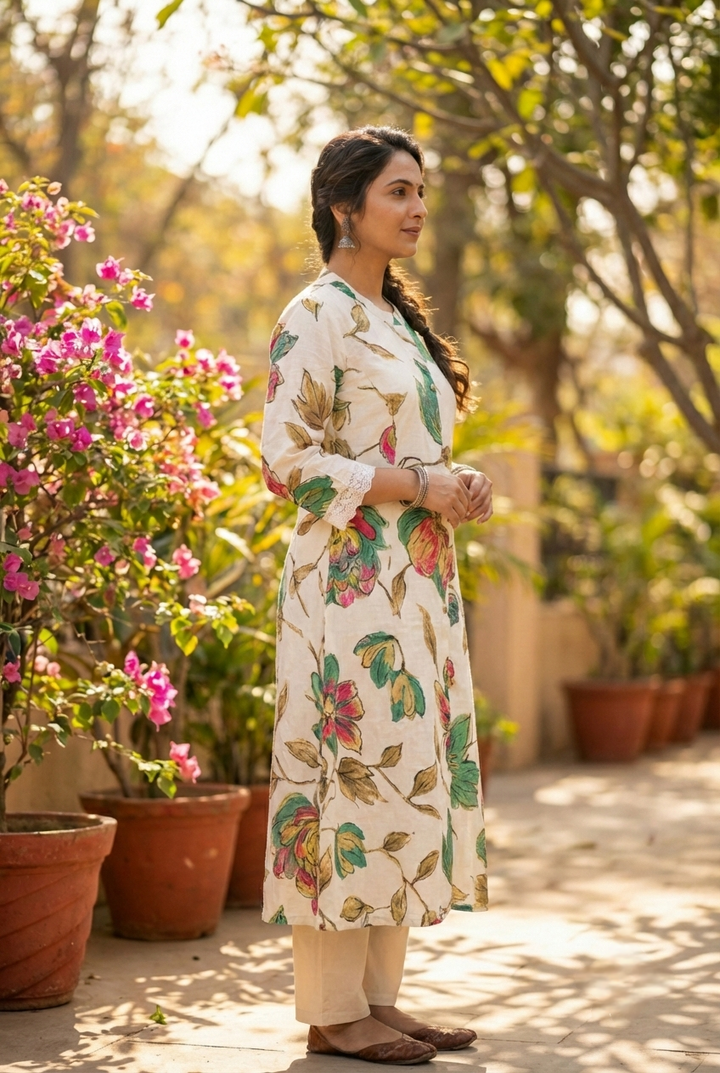 Neerus Green rayon printed kurta set - back view