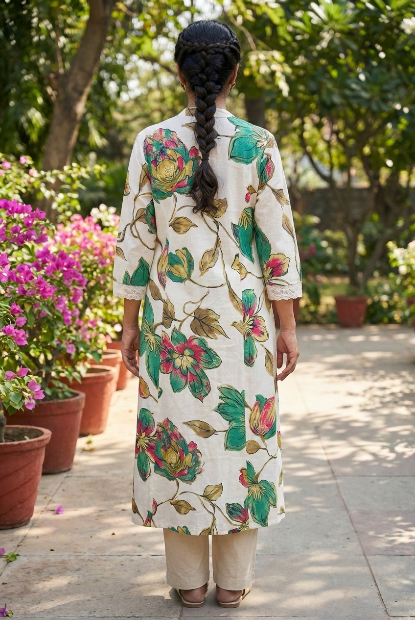 Neerus Green rayon printed kurta set - side view