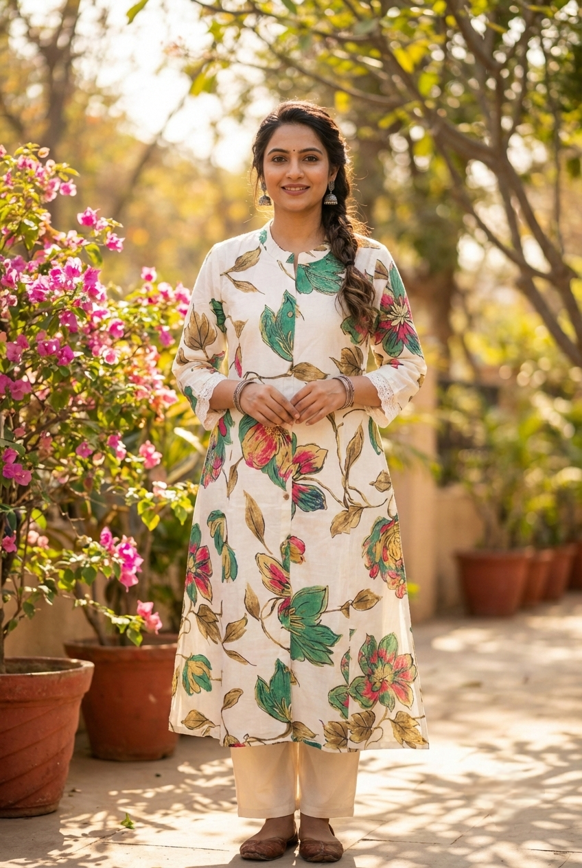 Neerus Green rayon printed kurta set - front view