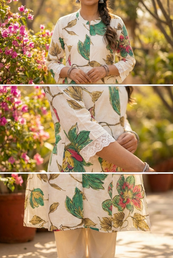 Neerus Green rayon printed kurta set - detail view 2