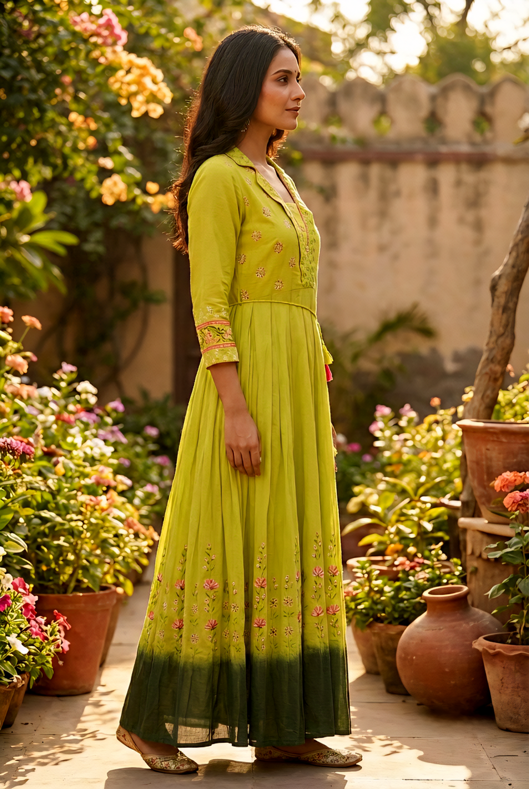 Neerus Green Floral Printed Cotton Maxi Dress for Casual Festive Women Neerus India Neerus Green Floral Printed Cotton Maxi Dress for Casual Festive Women Neerus India