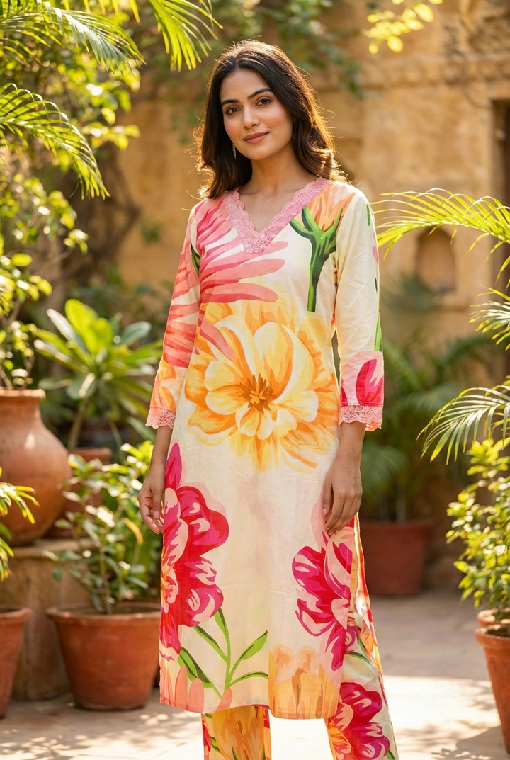 Yellow Cotton Floral Printed Two Piece Set