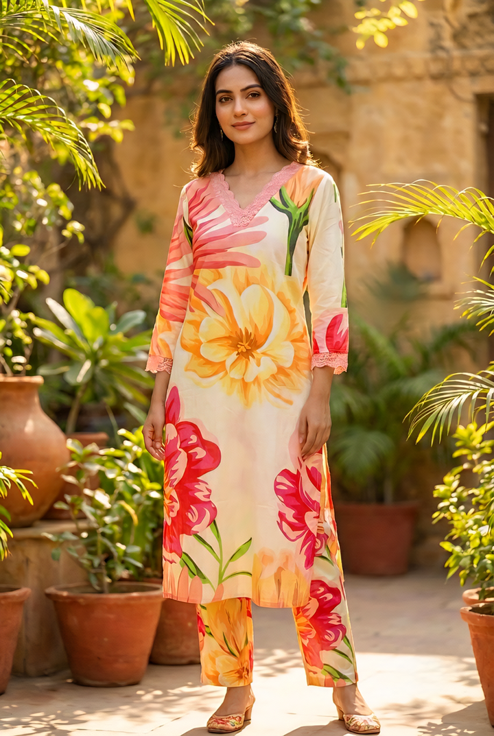 Yellow Cotton Floral Printed Two Piece Set