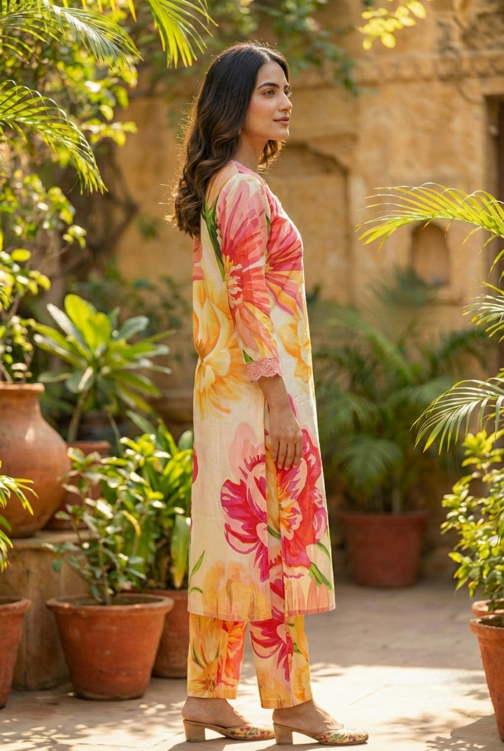 Yellow Cotton Floral Printed Two Piece Set