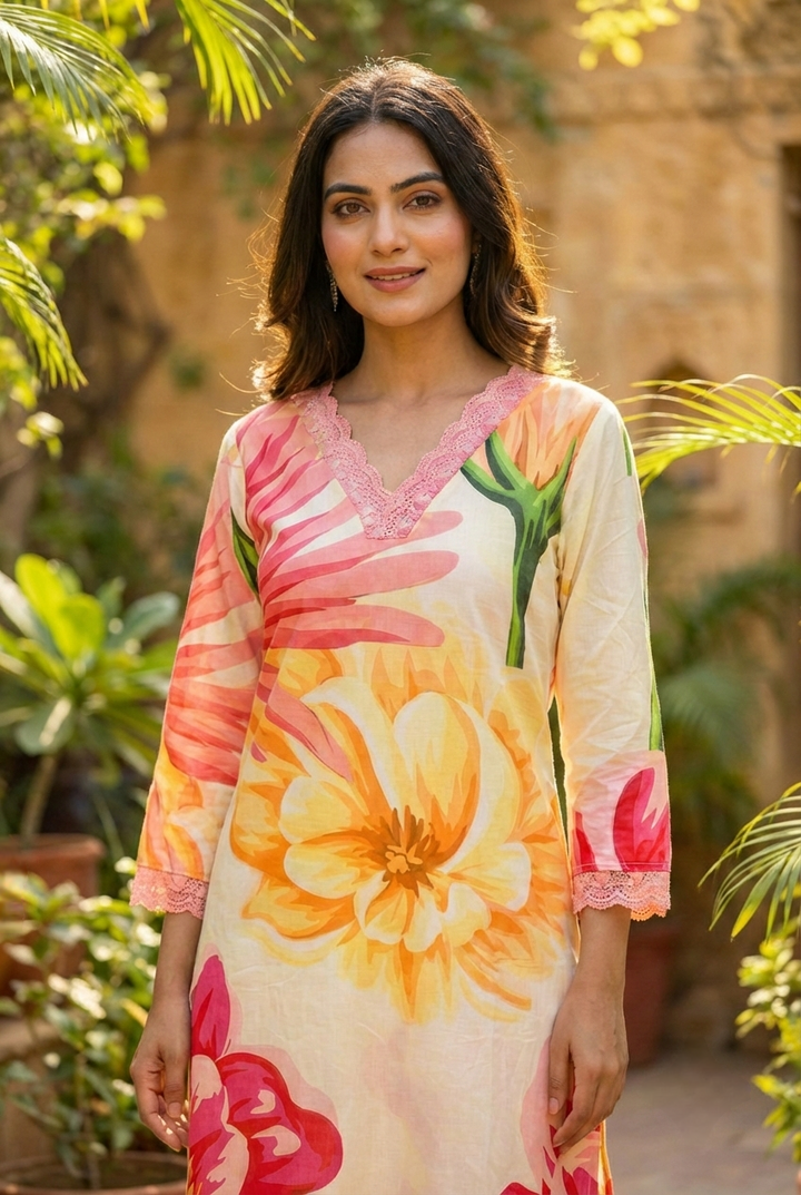 Yellow Cotton Floral Printed Two Piece Set