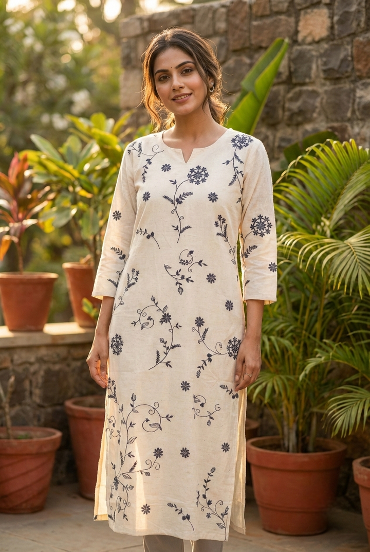 Off White Cotton Floral Hand Embroidery Kurta