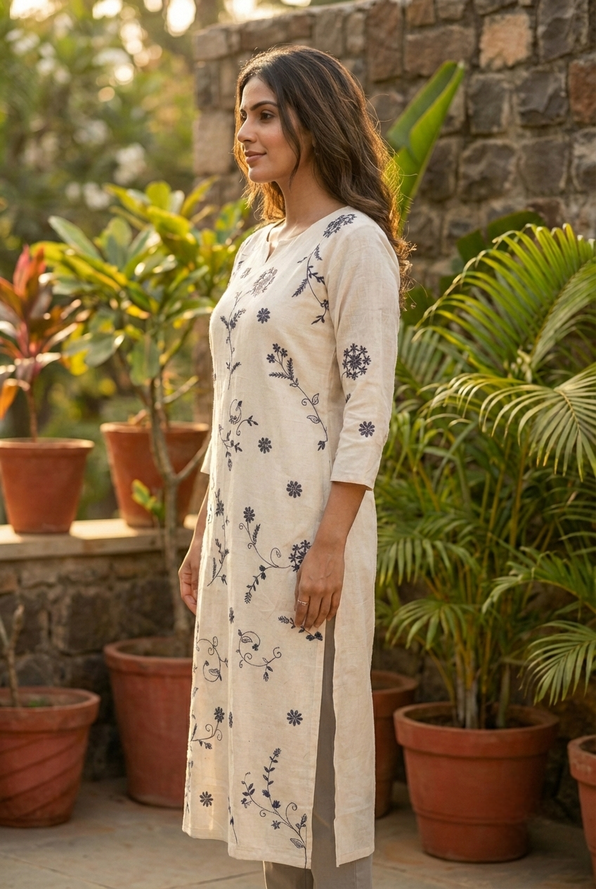 Off White Cotton Floral Hand Embroidery Kurta